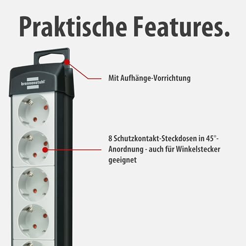 Brennenstuhl Premium-Line Steckdosenleiste 8-Fach (Mehrfachsteckdose mit Schalter und 5m Kabel, Steckdosenleiste Wandmontage, Made in Germany) schwarz/grau