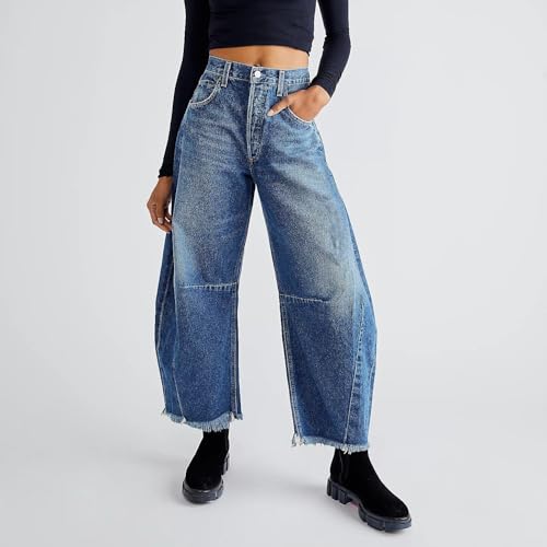 yoeasy Womens High Waisted Barrel Jeans Wide Leg Loose Cropped Raw Hem Denim Pants Y2k Baggy Boyfriend Jeans2