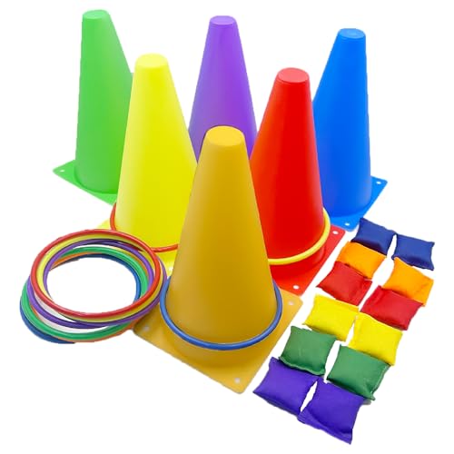 3-in-1 Karnevals-Spiele-Set, weiche Kunststoffkegel, Sitzsäcke, Ringwurfspiele für Kindergeburtstag, Party, Outdoor-Spiele, Zubehör, 28-teiliges Kombi-Set