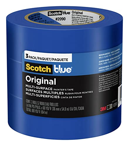 ScotchBlue Original Multi-Surface Painters Tape, 1.5 Inch Wide (1.41 in. x 60 Yds) 3 Rolls, Blue Paint Tape Protects Surfaces and Removes Easily, Masking Tape for Indoor and Outdoor Use (2090-36AP3)