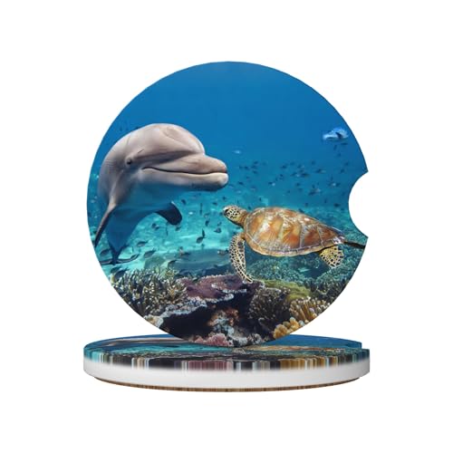 HUWAAI Dolphin Turtle Reef Ocean Car Cup Holder Coasters 2 Pack Universal 2.63 Inch Anti Slip Ceramic Absorbent Coaster with Cork Base and Finger Notch Cute Car Accessories Interior for Women