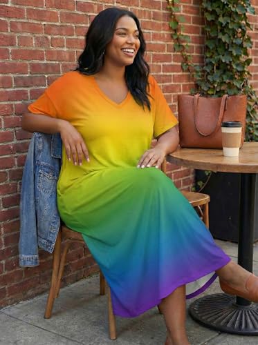 Image of SUZONANA Women Casual T-Shirt Dress V Neck Short Sleeve Solid Color Oversize Dress with Front Two Pockets