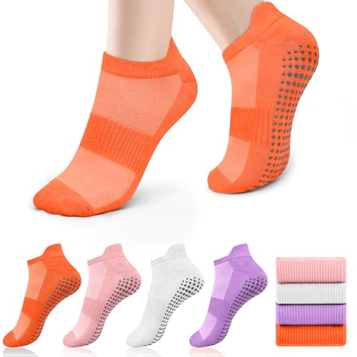 4 Pairs Yoga Socks for Women Non Slip Grip Pilates Socks Women with Anti Skid,Breathable and Stretchy Feature for Barre