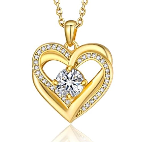 MomentWish Heart Necklace for Women Moissanite, Simulated Diamond, 925 Sterling Silver 1ct | 6.5mm 07 Double Heart-Yellow