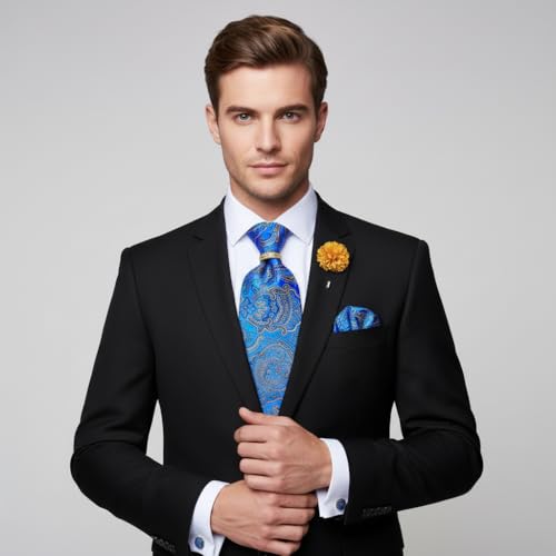 Image of 5PCS Tie and Pocket Square for Men, Silk Necktie and Handkerchief Cufflinks with Gold Ring and Lapel Pin Set