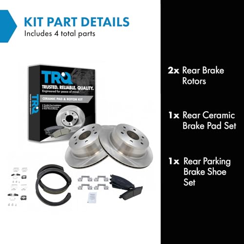 Image of TRQ Rear Brake Pad & Rotor Set Ceramic Parking Shoes Compatible with 2007-2014 Chevrolet Silverado Tahoe Suburban 1500 Avalanche 2007-2013 GMC Sierra Yukon XL 1500 2007-2010 Cadillac Escalade ESV EXT