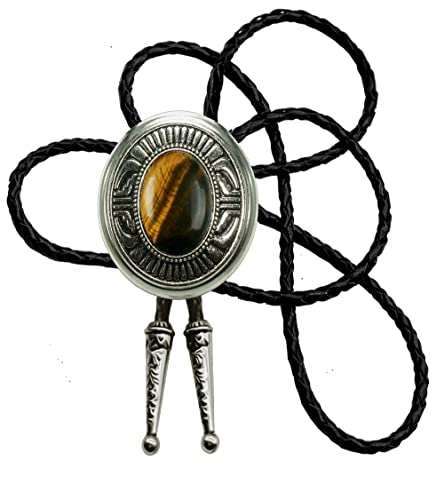Image of Moranse Bolo Tie with Natural Tiger Eye Stone Celtic Style Genuine and Cowhide Rope