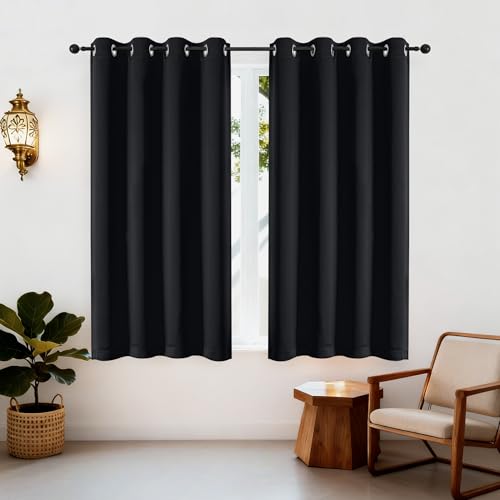 Simplebrand Ava Black Short Blackout Eyelet Curtains for Bedroom 137 cm Long 2 Panels Set, Solid Thermal Insulated, Energy Saving Window Treatment Halloween Blackout Drapes, W 140 cm x L 137 cm