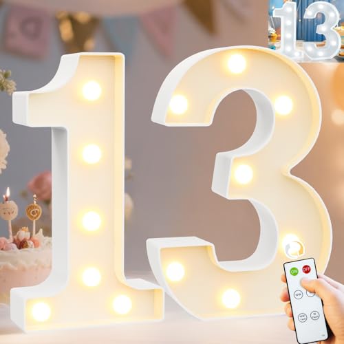 Image of Pooqla 13th Birthday Decoration for Girls Boys, Decorative Marquee Numbers with Remote, Light Up 13 Sign for Party Backdrop 13th Wedding Anniversary Decor, Warm White and Cool White Number 13