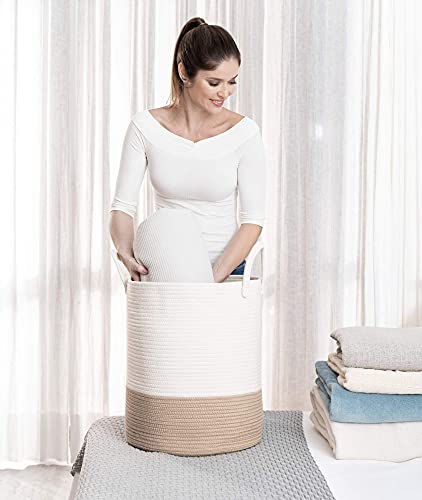 Image of OrganiHaus Tall Cotton Rope Laundry Basket & Hamper, Blanket Storage 52L | Honey / Off-White - Tall Cotton Rope Hamper, 52L