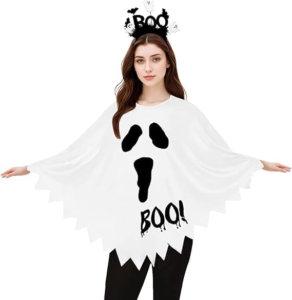 ALUNME Halloween Costumes Woman Pumpkin Ghost Skeleton Halloween Poncho for Women With Headband (white clothes)