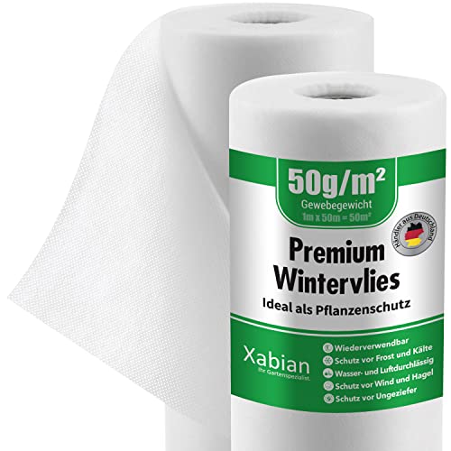 Xabian Wintervlies 50m² (50m x 1m) Rolle 50g/m² Frostschutz für Pflanzen weiß - Sehr hochwertiges Winterschutzvlies für Pflanzen mit hoher UV-Beständigkeit | Idealer Winterschutz für Pflanzen