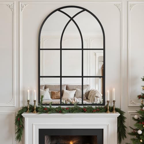 Image of Arched Window pane Wall Mirror 30 inchx40 inch, Window Shaped Farmhouse Style with Aluminum Frame, Decorative Wall Mirror Leaning Hanging for Living Room, Courtyard, Bedroom, Entryway, Black