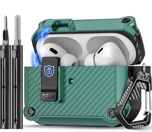 Image of Pohgelan Compatible with AirPods Pro 2nd /1st Case (Light Green) | Carbon Fiber Texture,Magnetic Automatic Lock with Cleaning Kit,Compatible with Magsafe