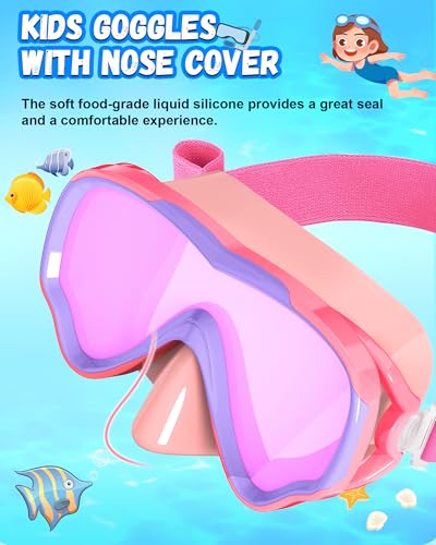 ITOWE Kids Swimming Goggles with Fabric Strap, Swim Goggles with Nose Cover for Kids 6-14 4-7 8-12 3-5 Boys Girls Youth, Anti Fog UV Protection No Leak 180° Clear Vision Pool Elastic Strap Goggles