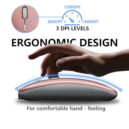 Image of QIJIAYI Slim Rechargeable Wireless Silent Mouse - 2.4G Wireless & Bluetooth Technology - Flexible Connection Modes via Bluetooth, USB or Type C for Laptop /PC /Mac /iPad /Computer (Rose Gold)