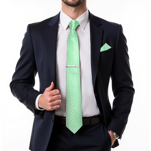 Image of DiBanGu Mens Silk Plaid Tie and Pocket Square Set | Elegant Silk Formal Tie Set, Woven Check Necktie and Cufflinks Tie Clip Set, Perfect for Wedding Party, Comes in Gift Box