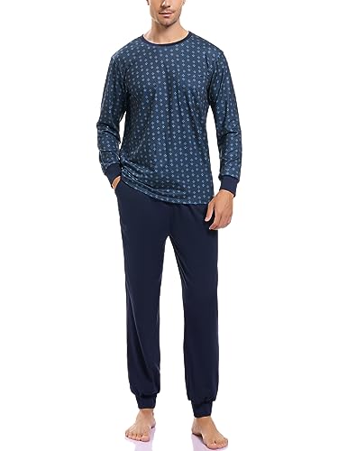 Sykooria Pijama Hombre Algodón Conjunto de Pijama de Manga Larga Ropa de Dormir 2 Piezas Conjunto de Pijama a Rayas y Pantalones Largos con Bolsillos S-3XL(Cuadrado - Azul,3XL)