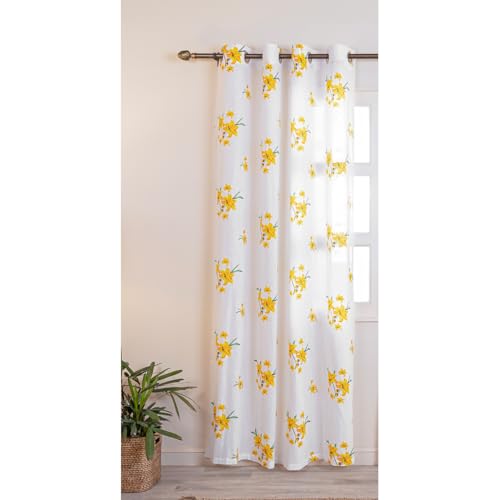 Image of HOMEMONDE Cotton Sheer Curtains for Window Sun Light Filtering Linen Textured Curtain Single Piece, Yellow Flower Printed, Hangs with Eyelets - (L 5FT x W 4.5FT)