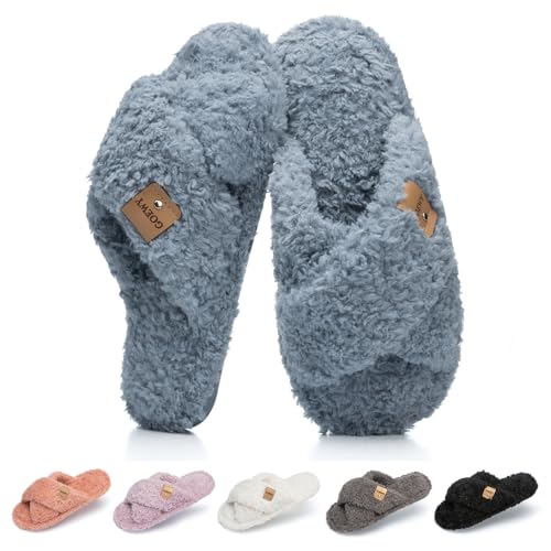 Image of GOEWY Fuzzy Open Toe Slippers for Women Cozy Memory Foam House Shoes Indoor | Cute Cross Band,Soft Faux Fur,Anti-slip Sole Outdoor,Machine-washable,Lightweight,Slip on Gifts for Women,Mom and Bridesmaid