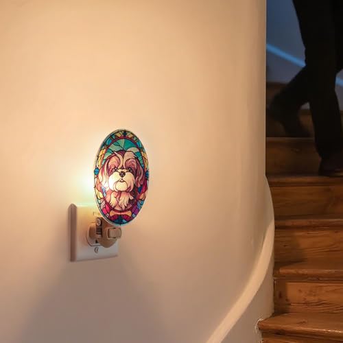 Image of Dog Night Light Shih Tzu, Stained Glass Styled Plug-in Wall Nightlight, Bulb Included, Pet Memorial Dog Lover Gift, Bedroom Hallway Bathroom Decor, Manual On /Off Switch