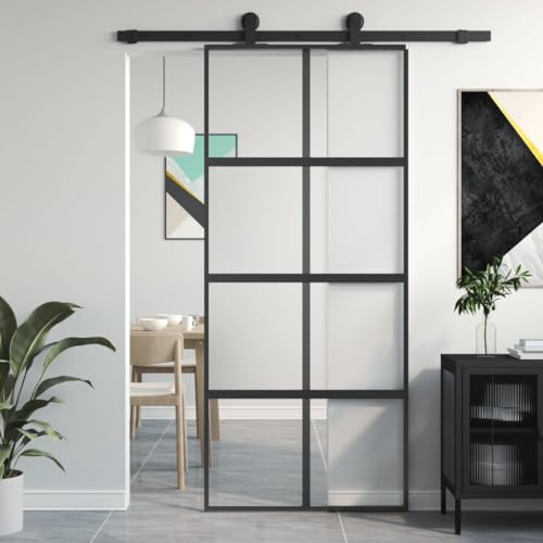 Homgoday Puerta corredera Vidrio Templado y Aluminio Negra 90x205 cm, Puerta Corredera Deslizante Corrediza Entrada Hogar Cuarto de Baño Salón Sala de Estar Habitación Tipo5