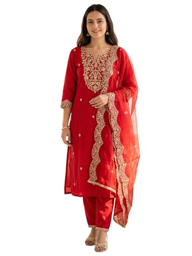 Image of INDO ERA Women's Embroidered Viscose Rayon Straight Kurta Pant with Dupatta Set