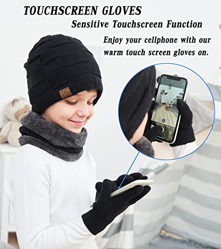Image of KMOLY Kids Winter Beanie Hat Scarf Touchscreen Gloves Set for Boys Girls 4-15 Years Warm Skull Cap Fleece Lined Knitted Hat