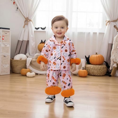 Kayotuas Halloween Pajamas Set Toddler Girl Pumpkin Pjs Feather Cuffs Button Down Shirt Pants Sleepwear Cute 2Pcs Loungewear3