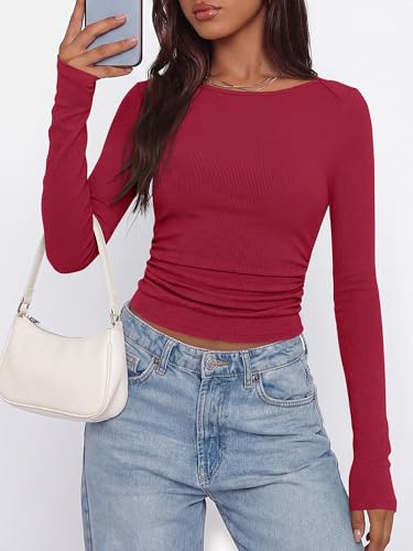 BTFBM Womens Long Sleeve T Shirts Spring Clothes 2026 Ribbed Slim Fit Boat Neck Casual Going Out Tops Workout Outfits(Burgundy, Large) - image 5