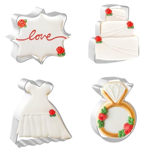 JOB JOL Wedding Cookie Cutters 4 PCS, 3.75'', 4'', Wedding Dress, Cake, Diamond Ring, Square Plaque