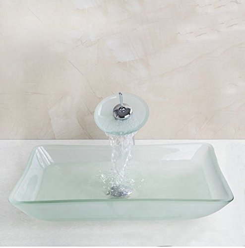 Lavabo carré en verre trempé givré pour salle de bain avec robinet cascade