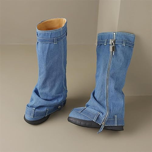 keleimusi Denim Lock Biker Boots Fold Over Knee High Jeans Boot for Women4