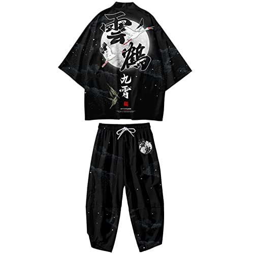 Image of DOSLAVIDA Men's Japanese Kimono Cardigan Suit Chinese Style Printed Jacket Pants Set Open Front Seven Sleeve Top & Shorts