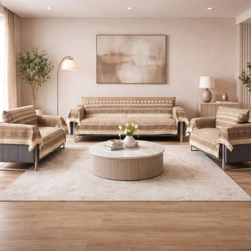Image of Elegant Woven Brown Sofa Cover Soft Chenille Traditional Pattern with Lace Style | L-Shape Sectional Seat Protector for Living Room | Durable & Stylish Slipcover 7 Seater with Arms