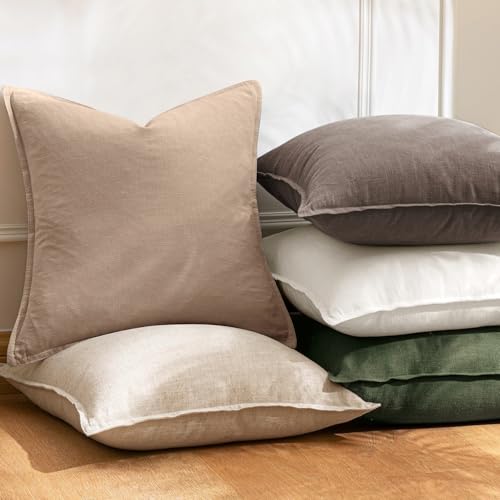 Image of Decorative Linen Solid Throw Pillow Covers 18x18 Inch Set of 2 Camel Boho Accent Farmhouse Pillows Modern Neutral Home Decor for Couch Sofa Living Room Bed