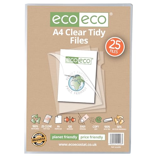 eco-eco A4 50% Recycled Bag 25 Tidy Report Files, 120 Micron Open Top & Side Covers File Wallets Clear Cut Flush, eco226