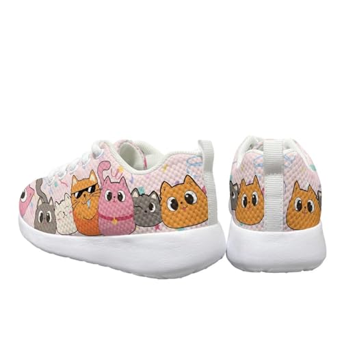Girl's Mesh Sports Shoes Lightweight Running Tennis Shoes Funny Cat Pattern Sneakers Non Slip Comfortable Breathable Lace Up Casual Walking Shoes for Primary School Students White US 14