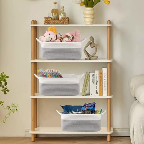 Image of OIAHOMY Woven Basket, Gift Basket Empty with Gift Bags and Ribbons, Rope Baskets for Baby Showers, Storage Baskets with Handles for Nursery, Pet Toy Organizer - Grey & White