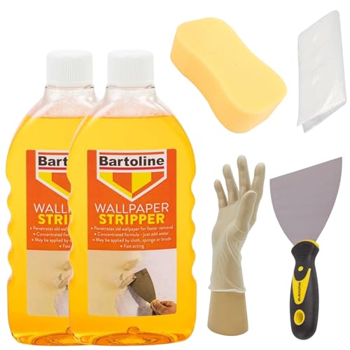 Wallpaper Stripper Bundle - 2 x 500ml Bartoline Wallpaper Remover Bottles Blackspur 4 Scraper with Non-Slip Grip Thick 2 Sponge Gloves & Dust Sheet | Ultimate Wallpaper Removal Kit