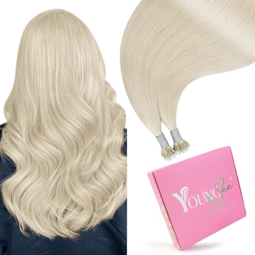 Image of YoungSee Nano Ring Hair Extensions Human Hair Platinum Blonde Nano Bead Hair Extensions Human Hair Blonde Nano-Link Hair Extension Blonde Nanotip Extension Real Human Hair for Long 24inch 50s 50g