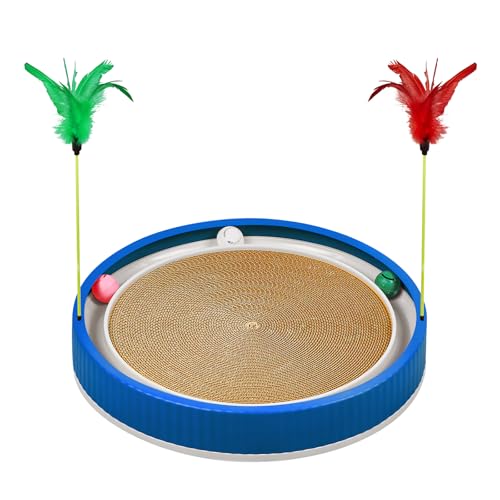 20-Inch Round Cat Scratcher with Ball Track – 3-in-1 Cardboard Scratching Pad with Feather Toy & Non-Slip Base – Interactive Cat Toy for Indoor Cats, Kittens & Large Cats (Blue)
