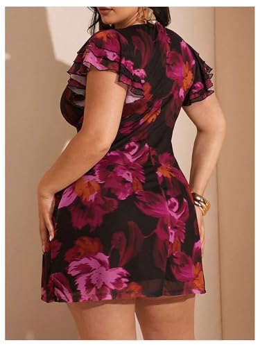 Image of BEAUDRM Women's Plus Size Cocktail Floral Short Dress Deep V Ruffle Short Sleeve Bodycon Mesh Wedding Guest Party Dresses