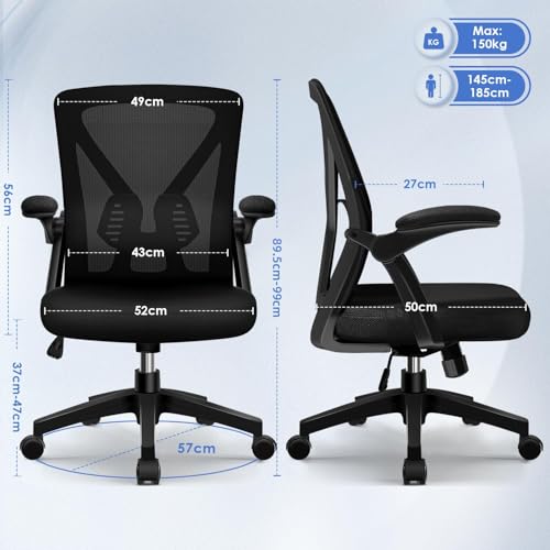Hinonde Bürostuhl,Schreibtischstuhl mit Hochklappbare Armlehnen und Wippfunktion,360°Drehstuhl,Höhenverstellbarer Bürostuhl ergonomisch Home Office Stuhl mit Atmungsaktivem Netz,Bis zu 150kg