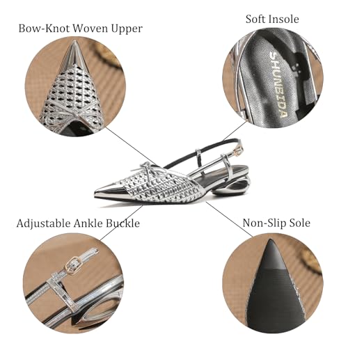 Women's Braided Mesh Bow Slingback Pumps Closed Pointed Toe Ankle Strap Low Block Heel Dress Shoes for Wedding Party Work3