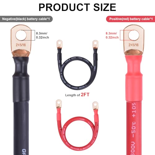 Image of iGreely 2 Gauge Battery Cable, 2 AWG Flexible Pure Copper Welding Battery Power Wire with 5 /16±Lugs, Heavy Duty Cable for Solar Automotive RV Marine DIY for Replacement Parts & Accessories 2ft /60cm