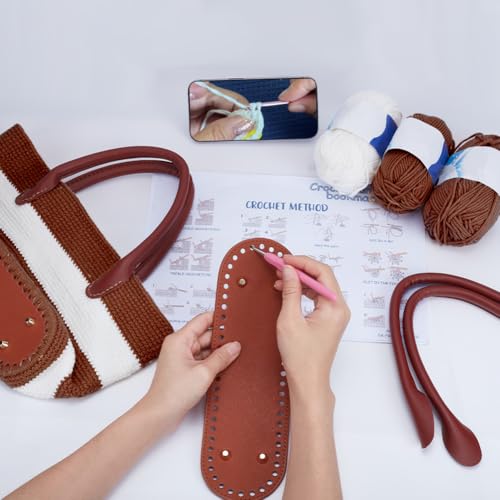Image of ORIGACH DIY Crochet Handbag Kit for Beginners, Dark Brown Striped Tote Bag with PU Leather Band and Base, Complete Crochet Set to Make a Bag, Include Yarn, Hooks, Markers and Instruction