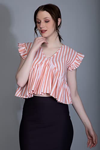 Image of Leriya Fashion Women's Western Regular Fit Crop Tops | Fancy Stripped with Ruffle Sleeves | Button Down Lightweight Cotton for Girls | Suitable for College Office Casual Wear for Ladies