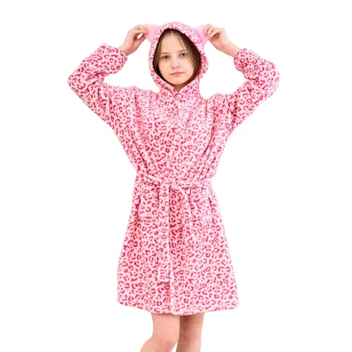 Piefry Chats Peignoir pour Filles Robes de Chambre en Molleton Doux avec Capuche et Oreilles de Chat (Léopard Rose, 6-7 ans)