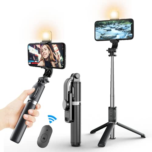 Soportes Y Tripies, Wireless Jesir Trípode Bluetooth Selfie Stick con Luz De Relleno, Soporte De Trípode Ligero De Viaje Extensible para Selfie, Transmisión En Vivo, Videoconferencia,...